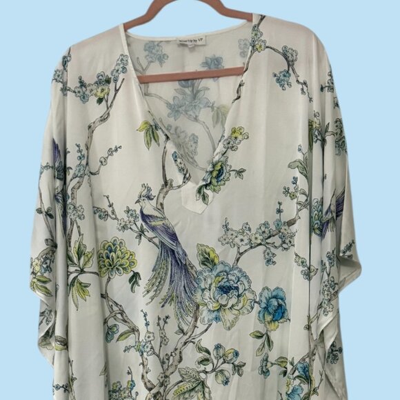 Wrap Up by VP / Bird Floral Long Caftan White/Blue/Lilac Size L/XL - Picture 2 of 7